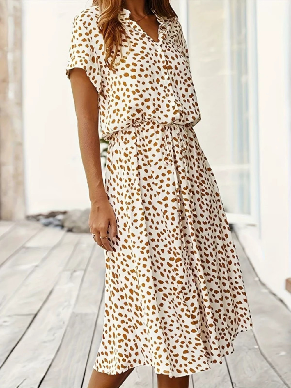 ZARA Wind Print Button Front Waist Tie Short Sleeve Dress
